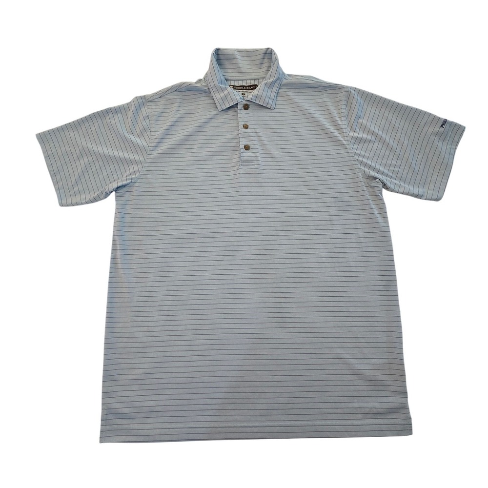 Pebble Beach Dry Luxe Performance Men's Light Blue Stripe Polo Shirt Size Large